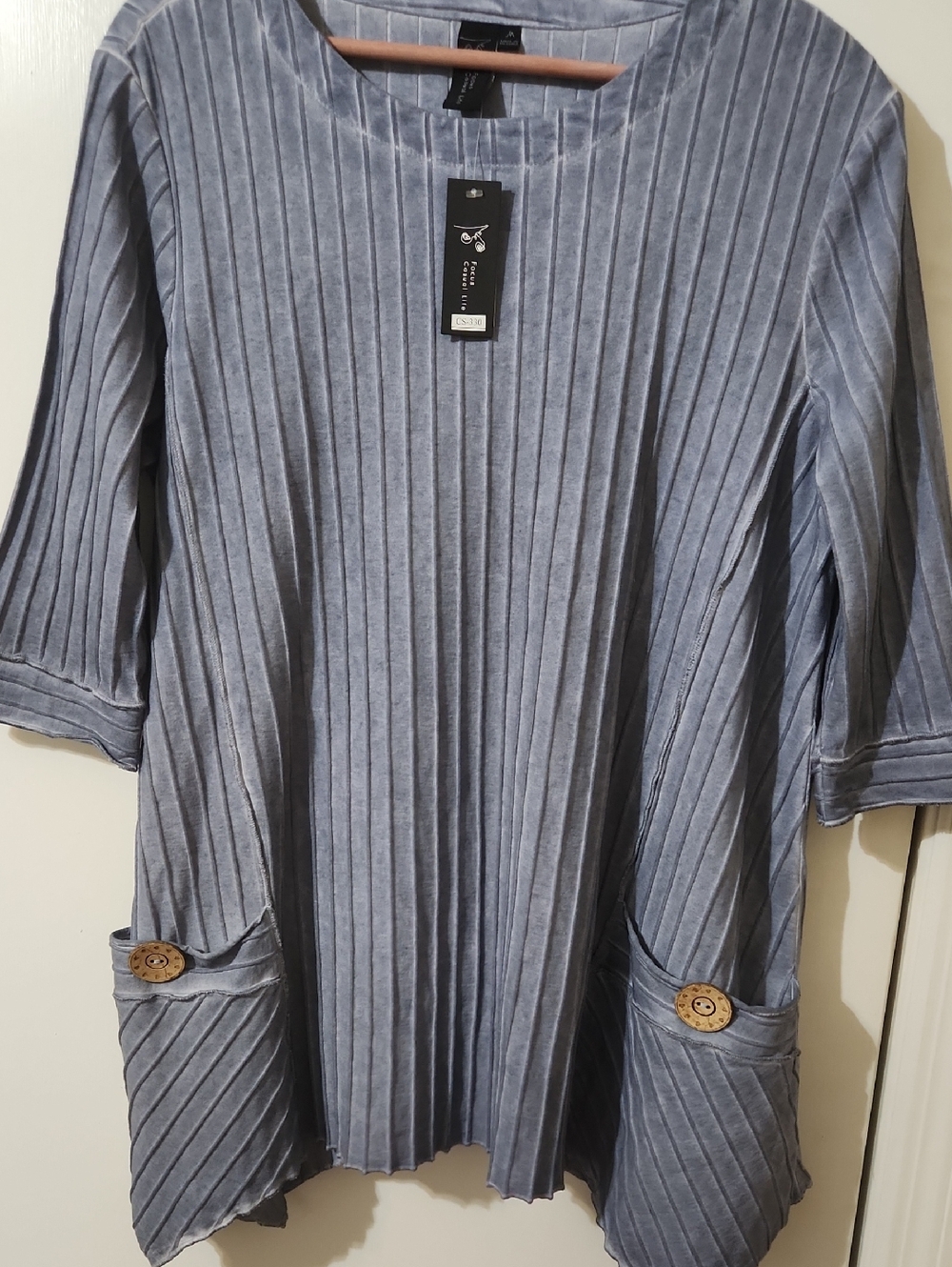 Light Blue Ribbed Tunic with Pocket Button Detail